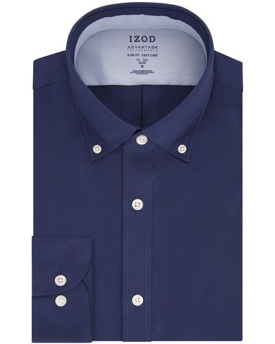 Izod Mens Slim Fit Stretch Cool Fx Cooling Collar Solid Dress Shirt - Blue