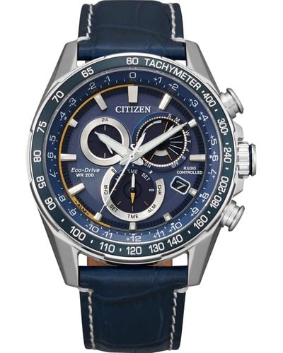 Citizen Eco-drive Sport Luxury Pcat Chronograph Watch In Stainless Steel With Blue Leather Strap