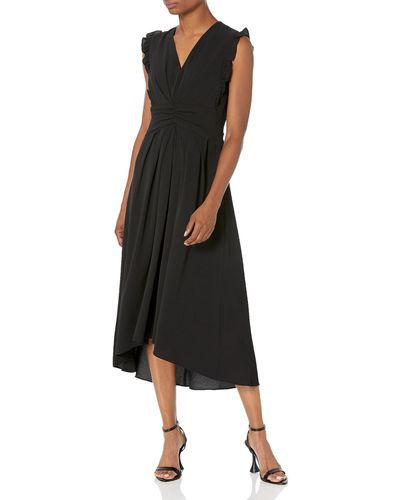 Maggy London V-neck Hi-lo Midi Dress With Gathered Waist And Ruffle Details - Black