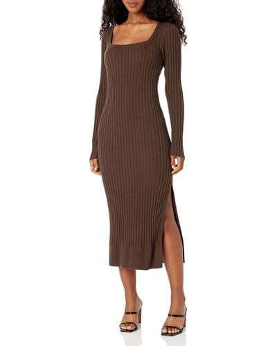 PAIGE Benita Dress Long Sleeve Square Neckline Below The Knee In Brown Taupe