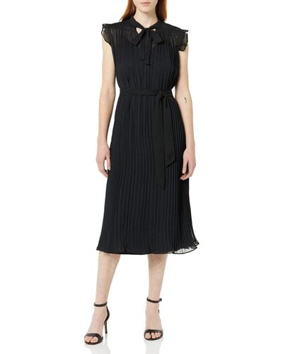 DKNY Short Sleeve Neck Pleated Midi Dress - Black