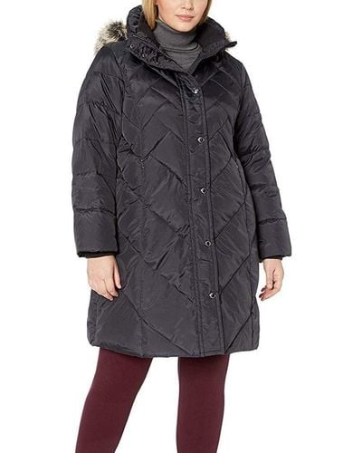 London Fog Plus Size Snap Front Hooded Multi Pattern Quilt Down Coat - Black