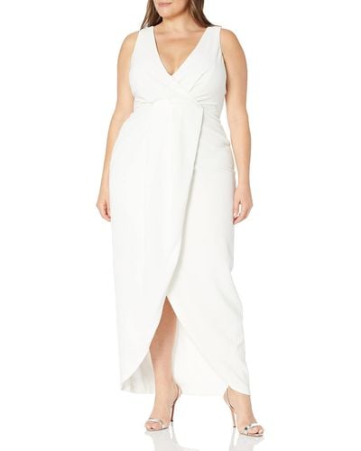 Dress the Population Plus-size Ariel Sleeveless Plunging Long Gown Wrap Dress Plus Dress - White