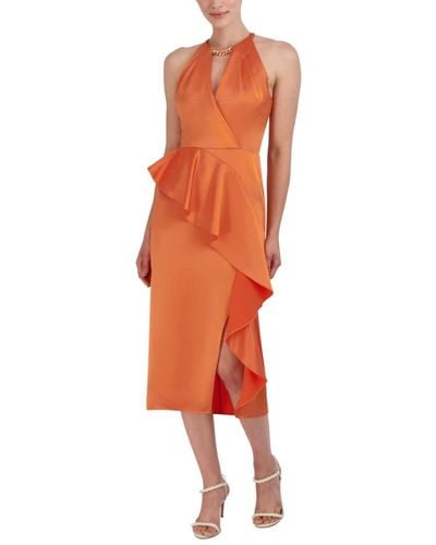 BCBGMAXAZRIA Midi Halter Neck Cutout Sleeveless Day Dress - Orange