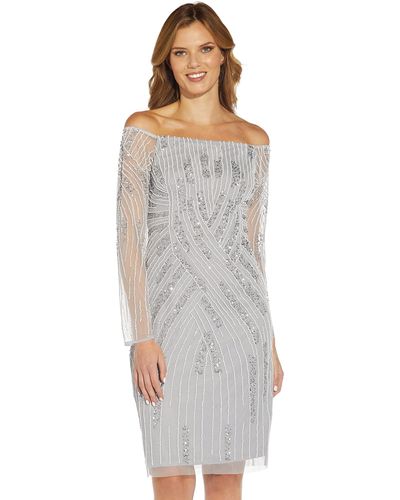 Adrianna Papell Off Shoulder Beaded Dress - Gray