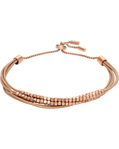 Fossil Rose Gold Beaded Leather Bracelet - Brown