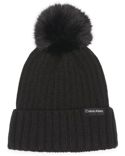 Calvin Klein Warm Fleece Lined Faux Fur Pom Hat - Black