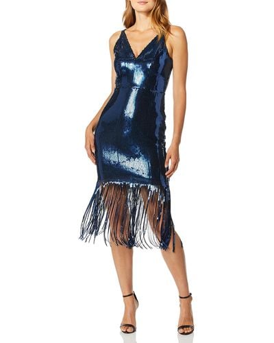 Dress the Population Frankie Plunging Sequin Fringe Sleeveless Midi Dress Dress - Blue
