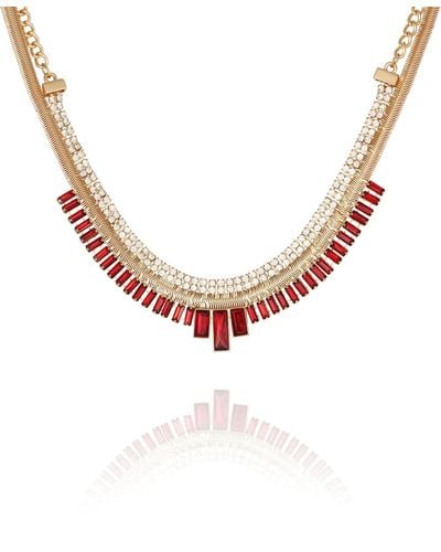 Guess Edgy Sparking Siam Red Colored Glass Stone Statement Necklace - Metallic