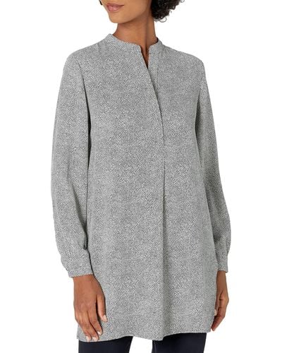 Anne Klein Womens Split Neck Long Blouse Tunic Shirt - Gray