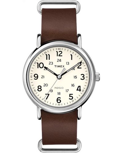 Timex T2p495 Weekender 40 Brown Leather Slip-thru Strap Watch - Gray