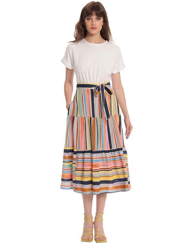 Donna Morgan Short Sleeve Dress With T-shirt Top And Stripe Printed Tiered Full Midi Skirt - Multicolor