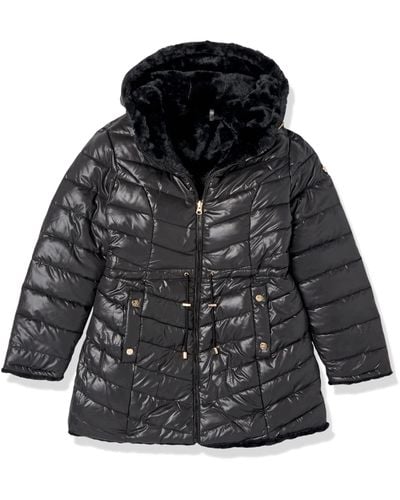 Jessica Simpson Reversible Shiny Cire Puffer To Faux Fur - Black