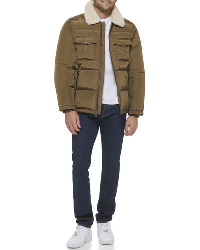 Guess Mid-weight Puffer Jacket With Sherpa Collar - Natural