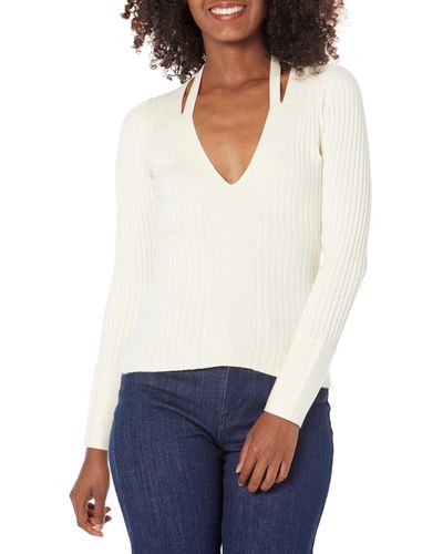 Guess Long Sleeve V Neck Aline Sweater - White