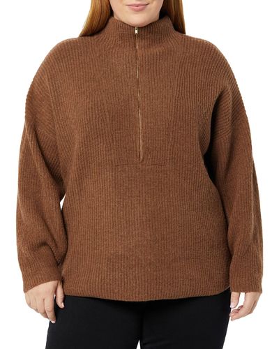 Amazon Essentials Stretch-Pullover aus mittelgrobem Strick mit halblangem Reißverschluss und Polokragen - Braun