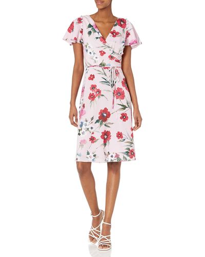 Adrianna Papell Floral Printed Faux Wrap Dress - Pink