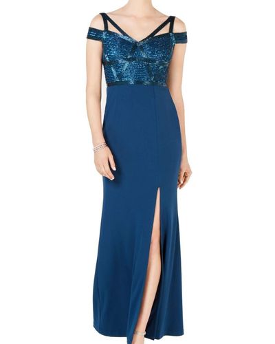 Adrianna Papell Cold Shoulder Long Beaded Dress - Blue