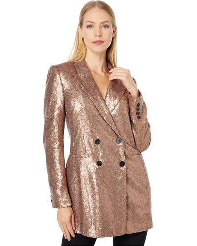 BCBGMAXAZRIA Relaxed Double Breasted Sequin Blazer Long Sleeve Peak Lapel Pocket Button Front Jacket - Natural