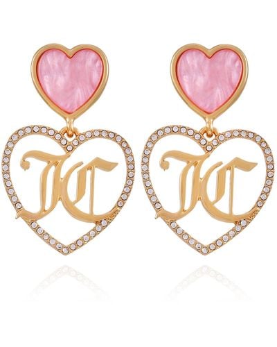 Juicy Couture Goldtone Glass Stone Jc Heart Drop Earrings - Pink
