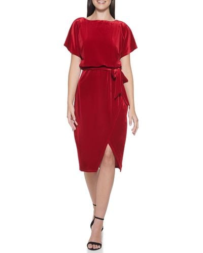 Kensie Tie Waiste Stretch Velvet Blouson Dress - Red