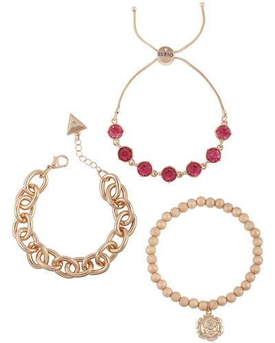 Guess 3 Piece Goldtone Mixed Bracelet Set With Rose Colored Stone Accents - Metallic