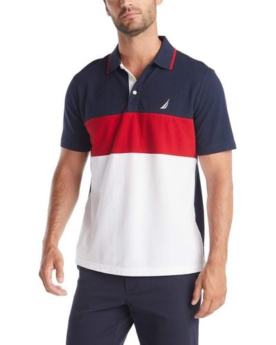 Nautica Short Sleeve 100% Cotton Pique Color Block Polo Shirt Poloshirt - Rot