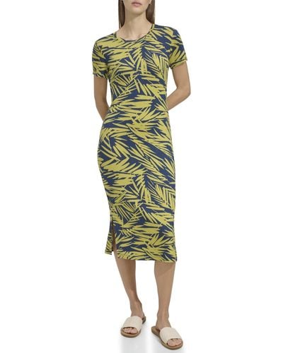 Andrew Marc Short Sleeve Printed Midi Dress With Slits - Green