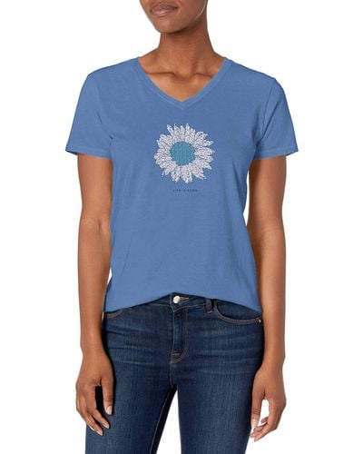 Life Is Good. Blooming French Flower Short Sleeve Cotton Tee - Blue