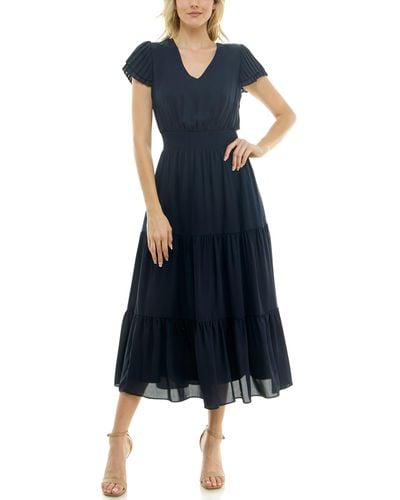 Nanette Lepore Tiered Pull On Fully Lined Dress With Smock Waist And Pleated Flutter Sleeve - Blue