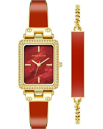 Anne Klein Premium Crystal Accented Bangle Watch And Bracelet Set - Red