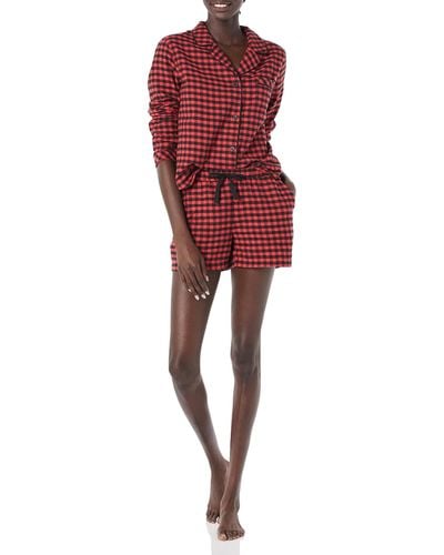 Amazon Essentials Leichter Schlafanzug aus Flanell-Gewebe mit Shorts - Rot