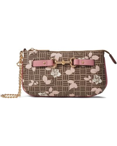 Anne Klein Ak Horsebit Wristlet Pouch With Floral Overlay - White