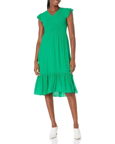 Nanette Lepore Carribean Texture Dress With Smock Chest And Flutter Sleeve - Green