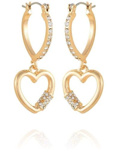 Guess Gold-tone Dangle Heart Charm Mini Hoop Earrings - Metallic