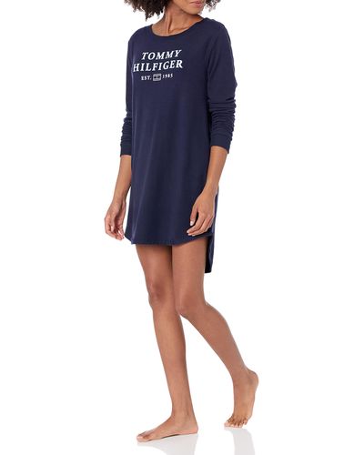 Tommy Hilfiger Womens Long Sleeve Graphic Sleep Shirt Pajama Top - Blue