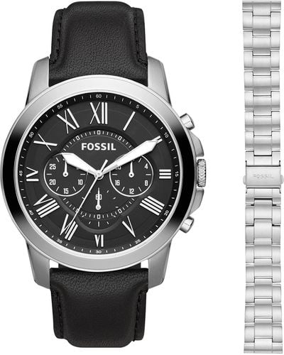 Fossil Grant Stainless Steel Quartz Chronograph Watch + Stainless Steel Interchangeable Watch Band Strap - Multicolor