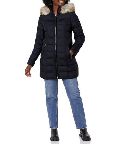 Laundry by Shelli Segal Stretch 3/4 Puffer Jacket With Faux Fur Striped Hood - Blue
