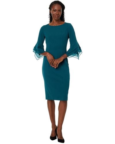 Adrianna Papell Knit Crepe Tiered Sleeve Dress - Blue