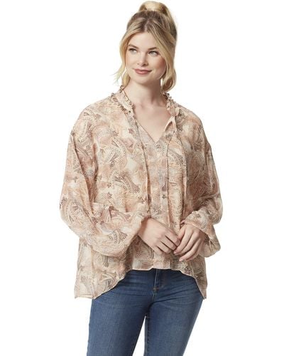 Jessica Simpson Celeste Neck Tie Long Sleeve Boho Top - Natural