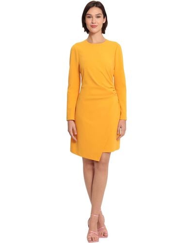 Donna Morgan Sleek Faux Wrap Dress With Asymmetric Skirt Office Workwear Event Guest Of - Yellow