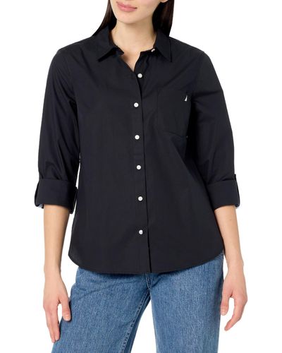 Nautica Button Front Long Sleeve Roll Tab Shirt - Black