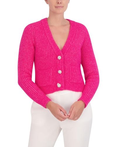 BCBGMAXAZRIA V Neck Long Sleeve Raglan Cardigan With Front Snap Button Closure - Pink