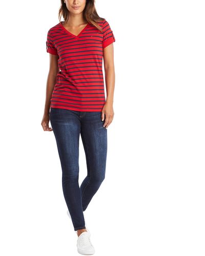 Nautica Womens Easy Comfort V-neck Striped Supersoft Stretch Cotton T-shirt T Shirt - Purple