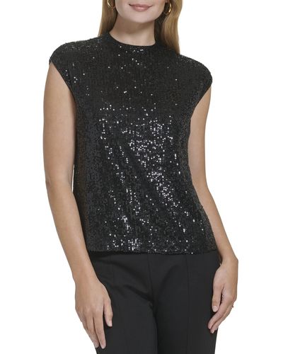 Calvin Klein Elegant High Neckline Sparkly Sequin Mesh Sleeveless Blouse - Black
