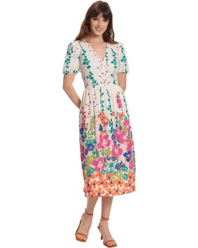 Donna Morgan Colorful Floral And Vine Printed V-neck Puff Sleeve Midi Dress - Multicolor