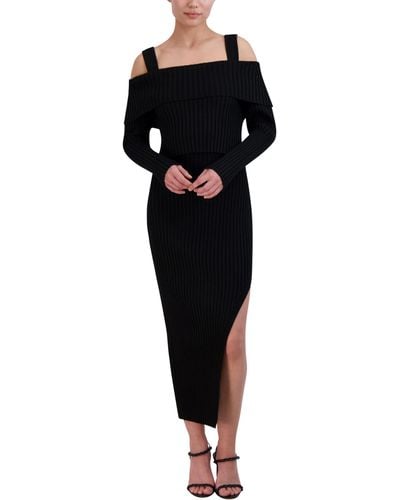 BCBGMAXAZRIA Off Shoulder Long Sleeve Square Neck Two Piece Midi Sweater Dress - Black