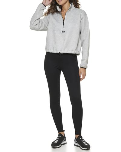 DKNY Half Zip Fleece Sweater With Cinch Waist - Gray