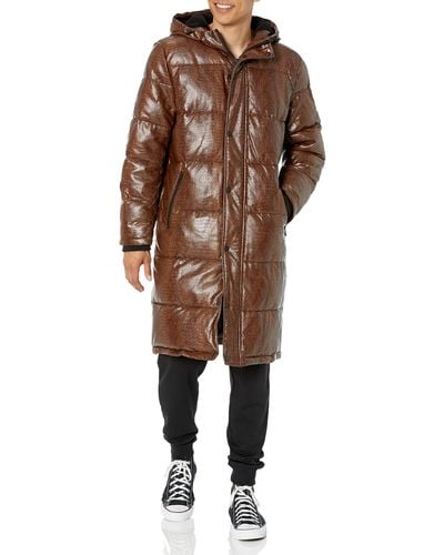 DKNY Faux Leather Long Quilted Fashion Coat - Brown