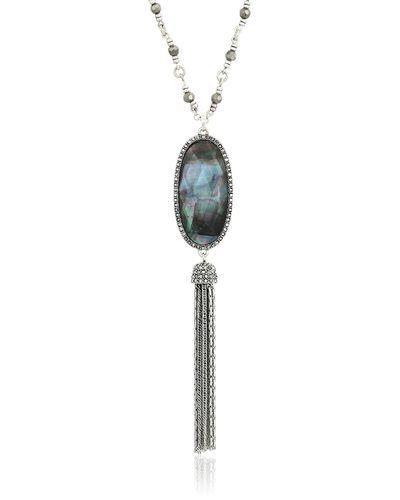 Lucky Brand Silver-tone Mother-of-pearl-look Beaded Lariat Necklace - Metallic